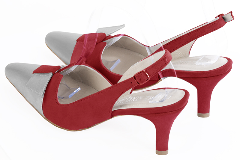 Light silver and scarlet red women's open back shoes, with a knot. Tapered toe. High slim heel. Rear view - Florence KOOIJMAN